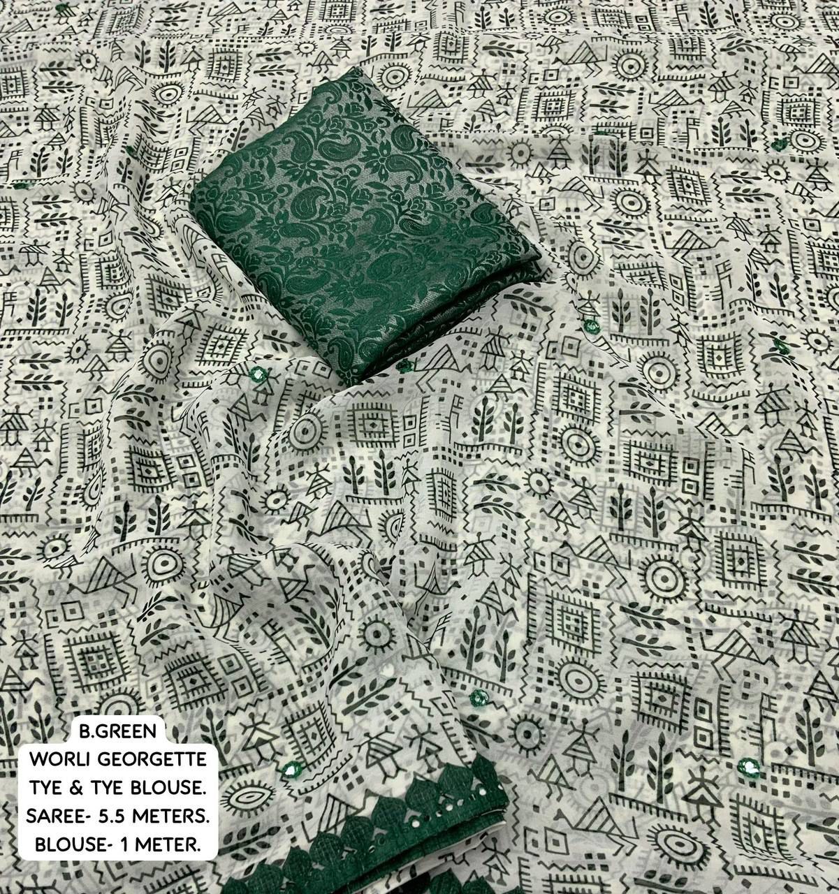 Warli Print Georgette Saree with Mirror Embellished Border - Image 5