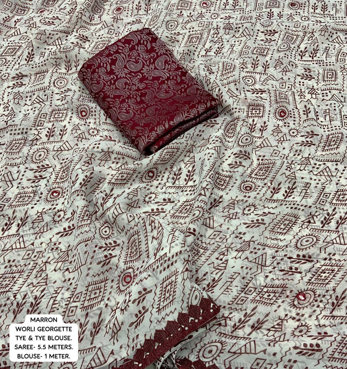 Warli Print Georgette Saree with Mirror Embellished Border - Image 7