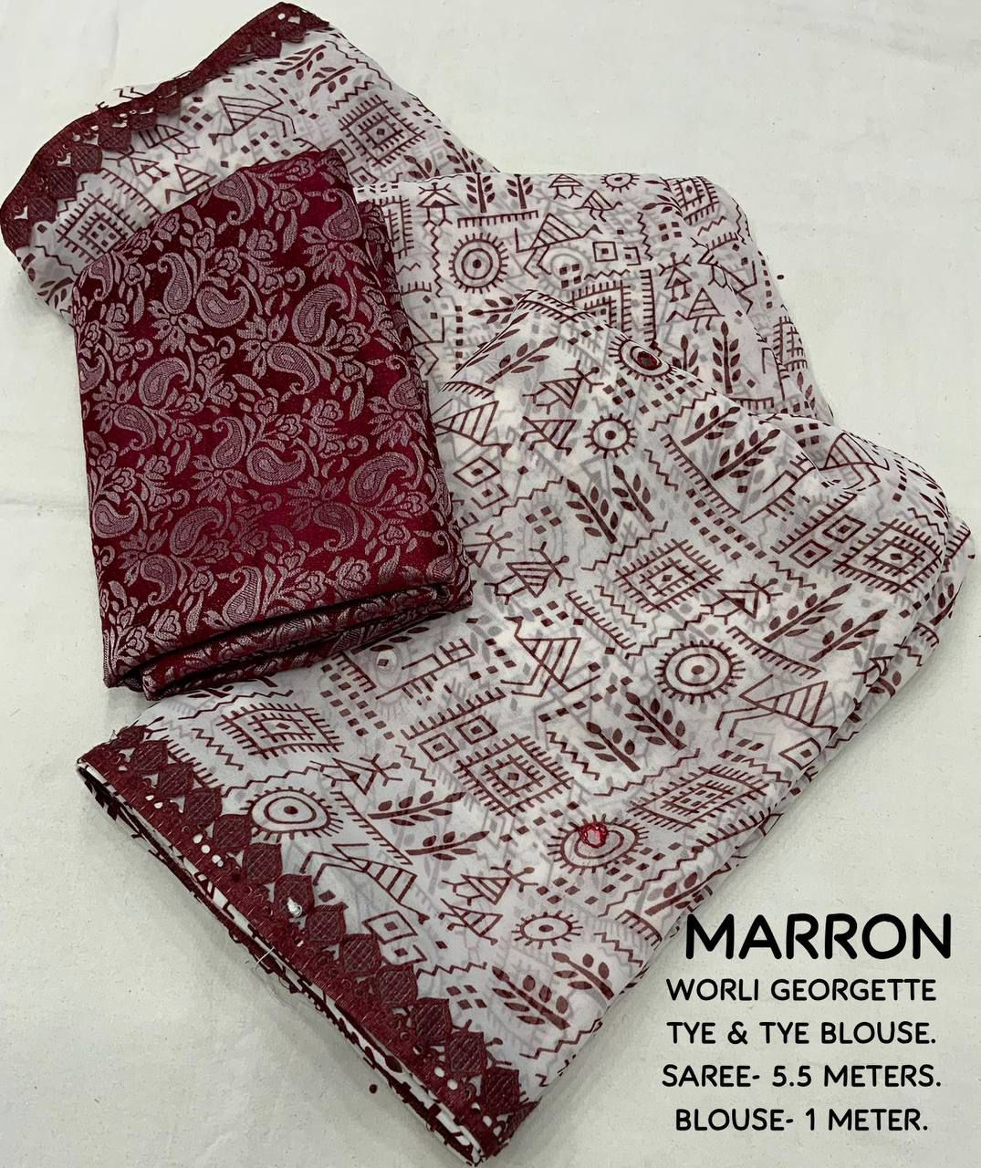 Warli Print Georgette Saree with Mirror Embellished Border - Image 8