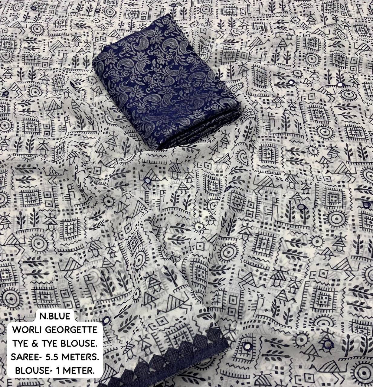 Warli Print Georgette Saree with Mirror Embellished Border - Image 3