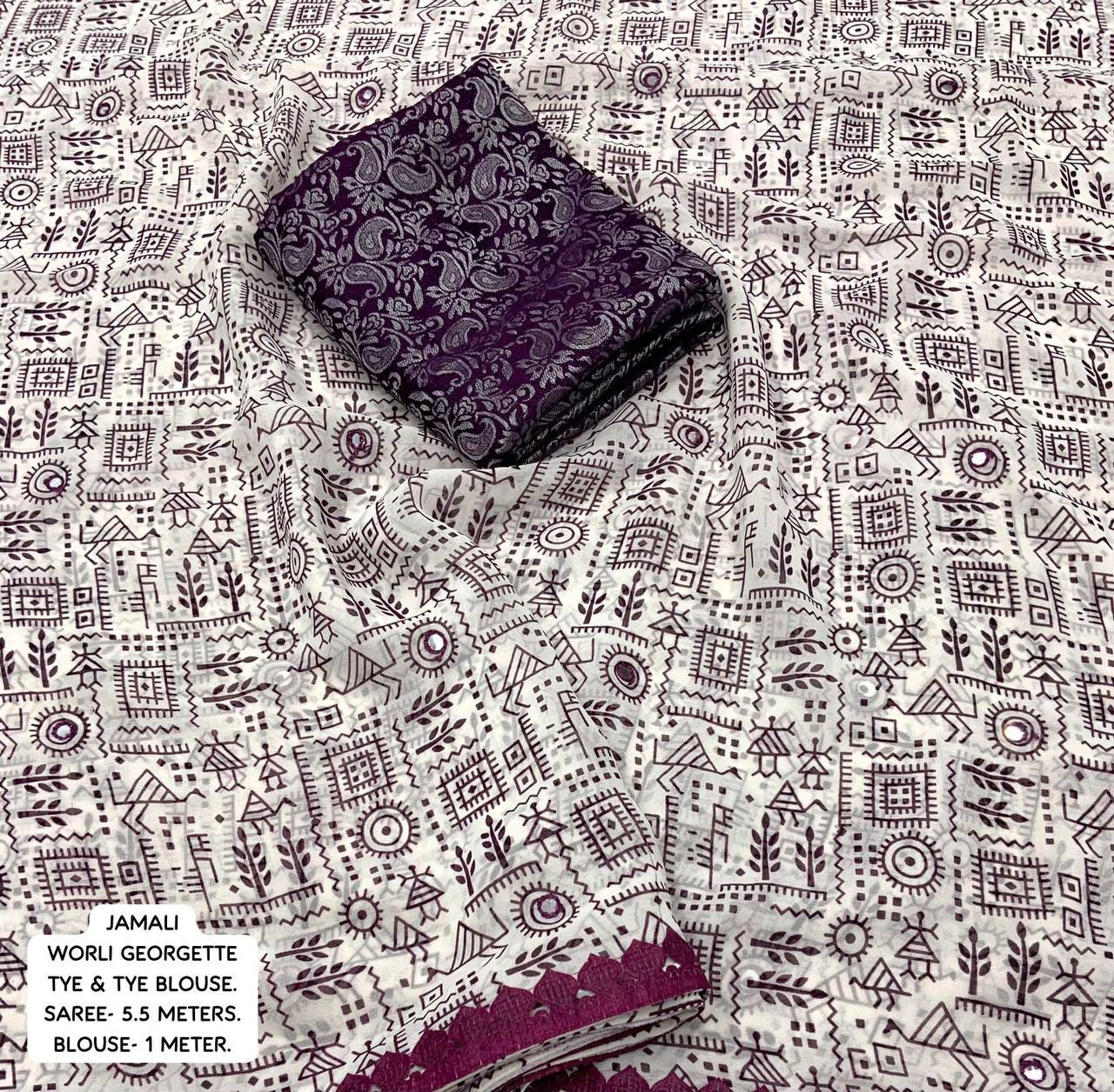 Warli Print Georgette Saree with Mirror Embellished Border