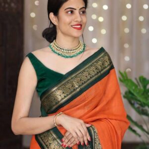 Exquisite Green Orange Color Lichi Silk Saree