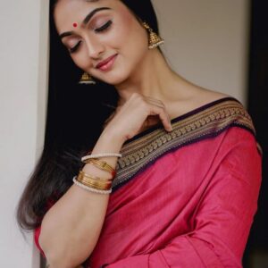 Stunning Gajri Color Soft Lichi Silk Saree with Rich Jacquard Pallu & Contrast Blouse