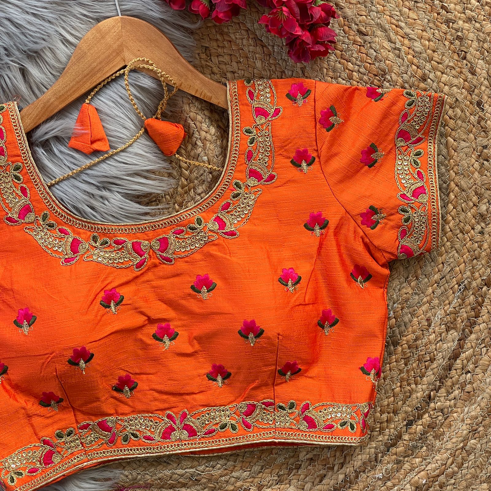 Orange Pure Phantam Silk Blouse with Sequence Embroidery - Image 3