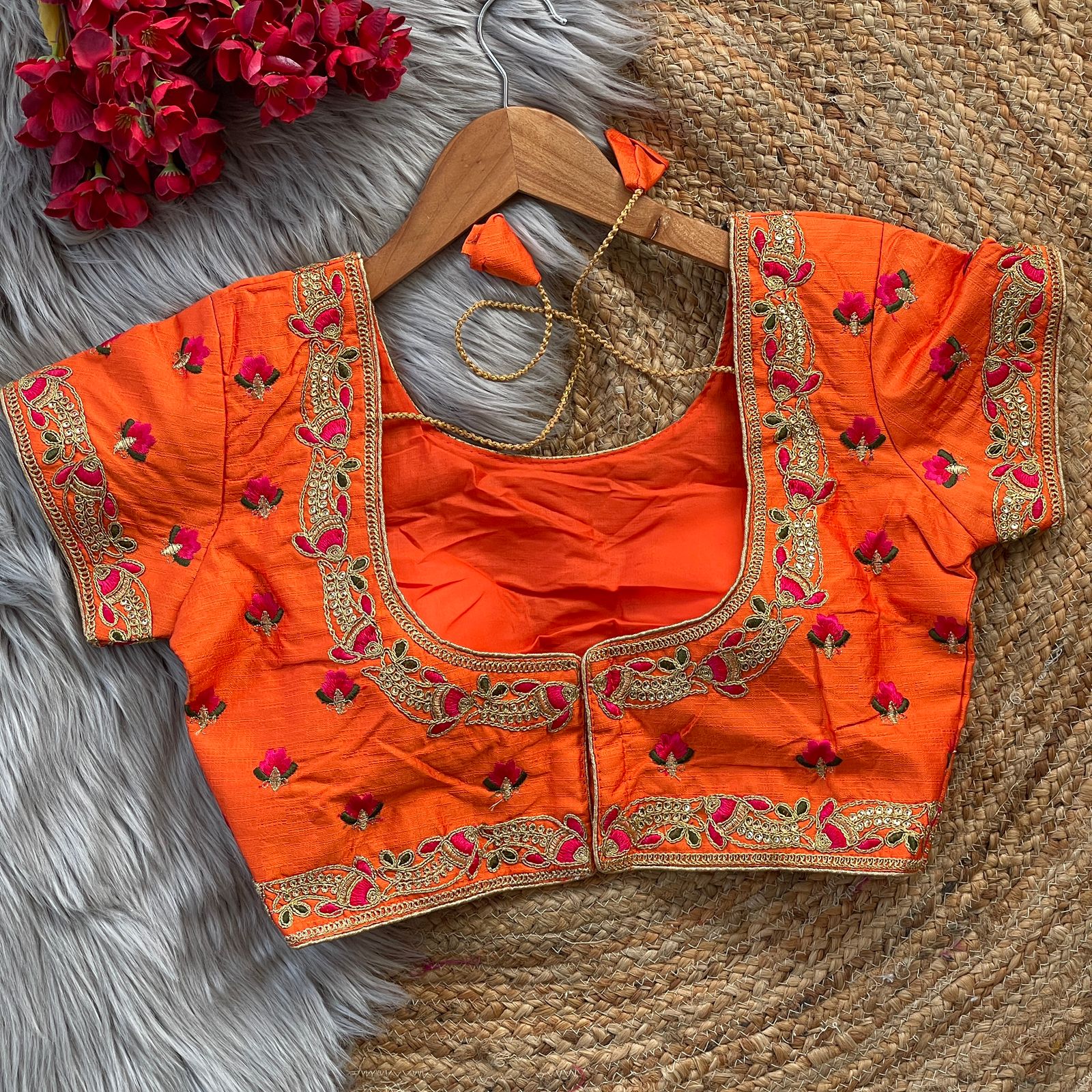 Orange Pure Phantam Silk Blouse with Sequence Embroidery - Image 2