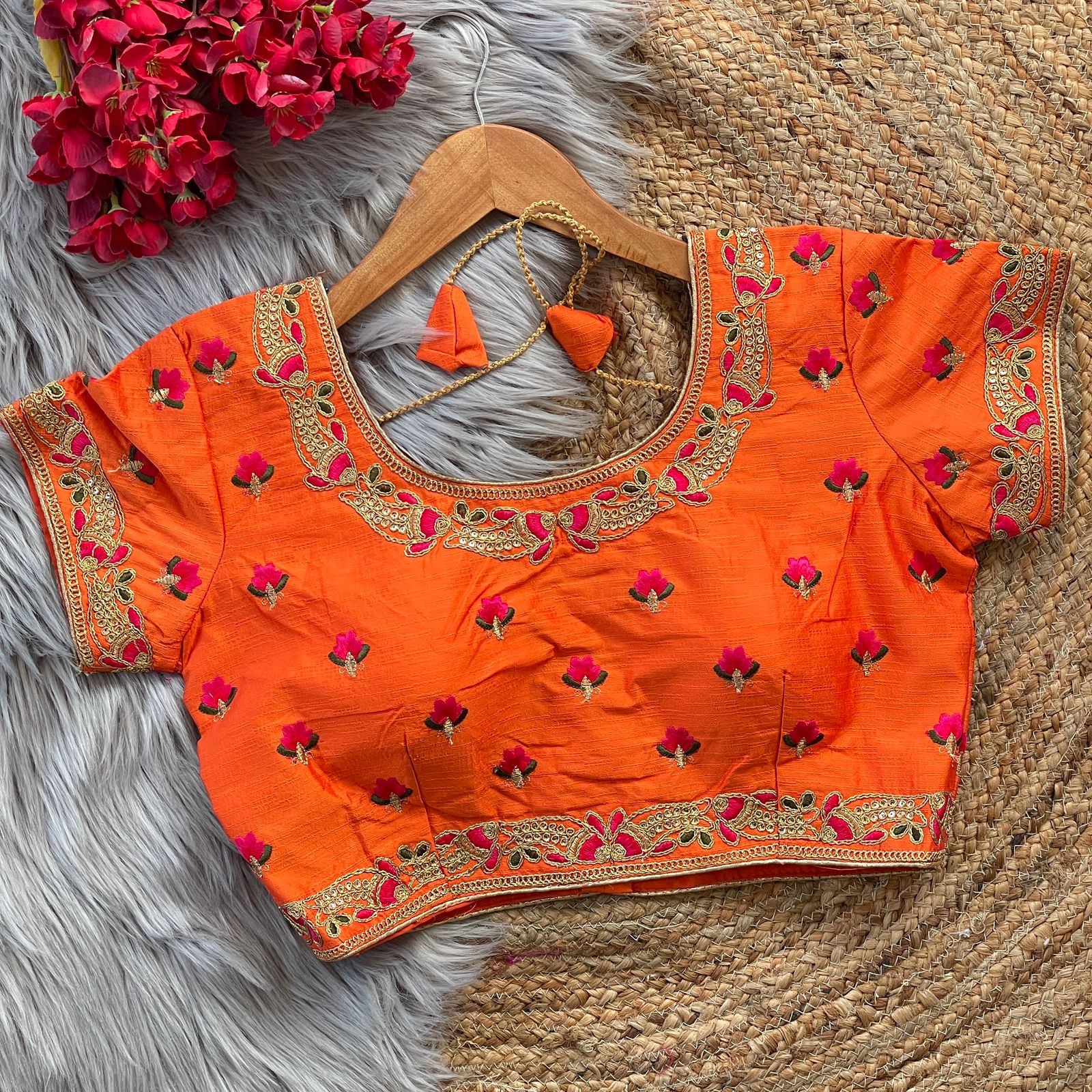 Orange Pure Phantam Silk Blouse with Sequence Embroidery