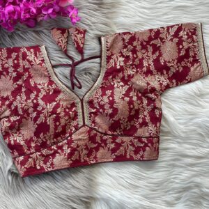 Golden Zari Work V-Neck Blouse in Dola Silk Fabric